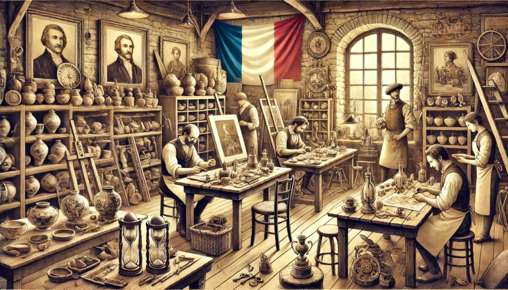 DALL·E 2025 02 17 15.58.05 A vintage style illustration depicting French artisans and artists working in a cozy workshop. Various handmade objects such as pottery paintings an